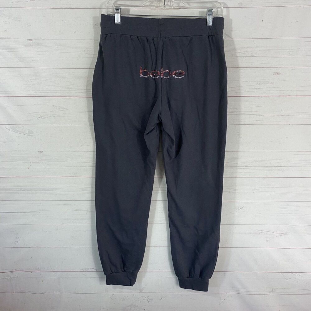 Bebe Womens Cropped Bling Joggers Sz Medium Gray Pockets Pull On Cotton Blend